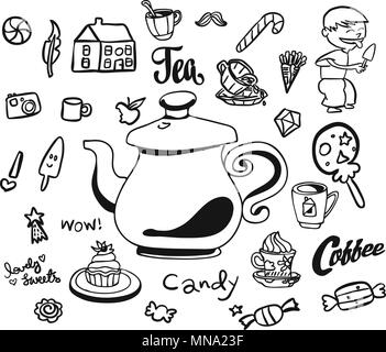 Afternoon Tea and Breakfast Doodles with Symbols for Kids. Hand drawn Vector Sketches. Usable for Any kind of Advertising in Web and as printed produc Stock Vector