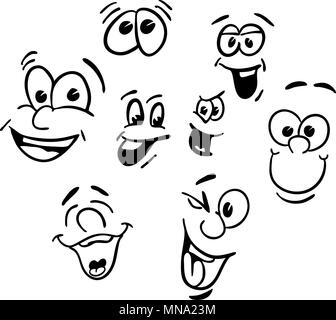Hand drawn Emotional happy Cartoon Faces, Vector Outline Illustrations. Various character expressions. Black and white. Useful for any kind of adverti Stock Vector