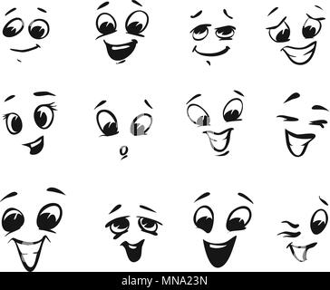 Happy smiling and laughing cartoon Faces. Tiny Illustrations with big Eyes and without Nose. Hand drawn Vector Outline Sketches. Useful for any kind o Stock Vector