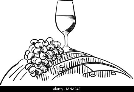 Glass of Vine with grapes on barrel, Vector Sketched Outline Artwork Stock Vector