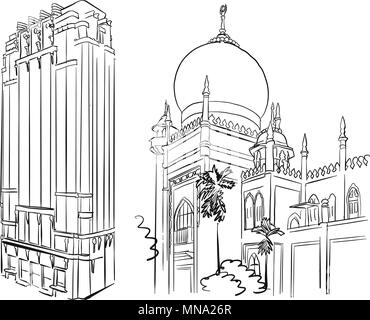 Singapore Famous Mosque and Architecture Landmarks, Hand drawn Vector Artwork Stock Vector