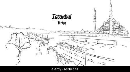 Istanbul Historic Market Skyline Panorama, Hand drawn Vector Outline Artwork Stock Vector