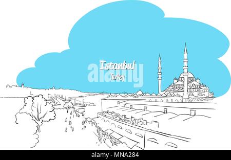 Istanbul Skyline Panorama sketched Greeting Card, Hand drawn Vector Outline Artwork Stock Vector