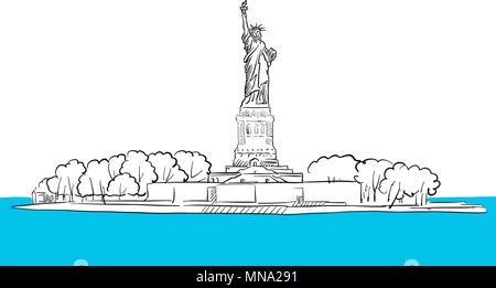 Statue of Liberty Island Areal Sketch, Hand drawn Vector Outline Artwork Stock Vector