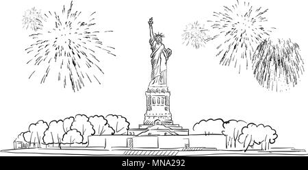 Statue of Liberty with Firework Illustration, Hand drawn Vector Outline Artwork Stock Vector