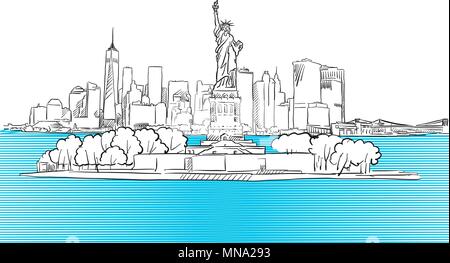 Liberty Statue with New York City Skyline Sketch, Hand drawn Vector Outline Artwork Stock Vector