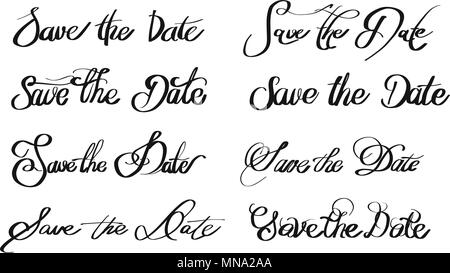 Save the Date various written Quotes, Hand drawn Vector Calligraphy Greeting Card Concept Stock Vector