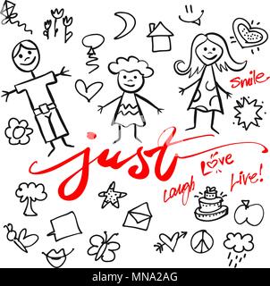 Just Family Doodle Vector Set, Hand drawn  Calligraphy Greeting Card Concept Stock Vector