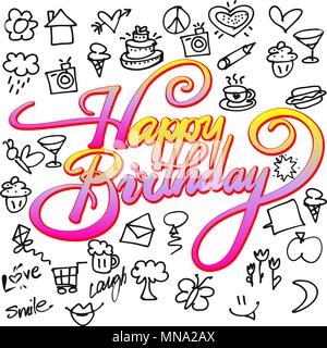 Happy birthday Icons and Doodles, Hand drawn Vector Calligraphy Greeting Card Concept Stock Vector