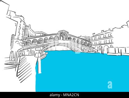 Rialto Bridge Venice and Blue Water Sketch, Hand-drawn Vector Outline Artwork Illustration Stock Vector
