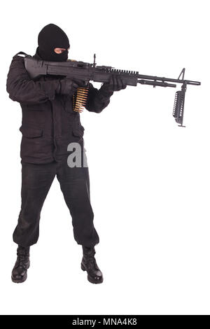 man in black uniforms with machine gun isolated on white Stock Photo