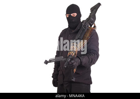 man in black uniforms with machine gun isolated on white Stock Photo