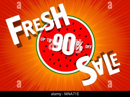 Fresh sale of 90 percent. Watermelon Background. Summer discounts. Poster with inscriptionor for shops. Stock Vector