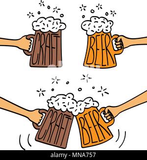 hands holding mugs of craft beer with foam. Cartoon. light and dark beer. Festival Concept. Flat Vector Illustration Stock Vector