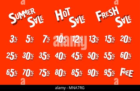 Hot sale, fresh sale, summer sale. Inscription on poster, red background. 3,5,7, 15, 25, 50 percent Stock Vector