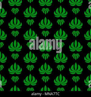 Marijuana ganja heart shape weed hemp leafs seamless vector pattern black background Stock Vector
