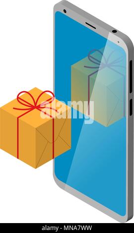 smartphone and gift box. isometry, white background. Congratulations on the holiday Stock Vector