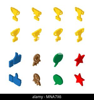 Icons of sport and victory in isometrics. Cup, star, message, like, medal 3d. set Stock Vector