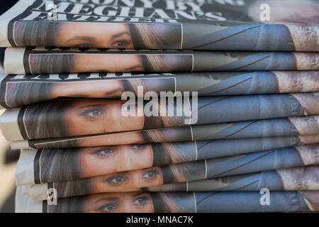 London, UK 15th May 2018: A stack of Evening Standard newspapers features the eyes of Meghan Markel, the American actor who is marrying Prince Harry in Windsor on Saturday and whose father is now said to not be attending. Photo by Richard Baker / Alamy Live News Stock Photo
