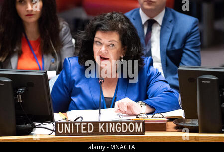 New York, USA. 15th May 2018. Karen Pierce, Permanent Representative of the United Kingdom to the United Nations speaking at the United Nations Security Council. The UN security council discussed the ongoing violence between Israeli forces and Gaza protesters at the border area between Israel  and the Gaza strip. Credit: SOPA Images Limited/Alamy Live News Stock Photo