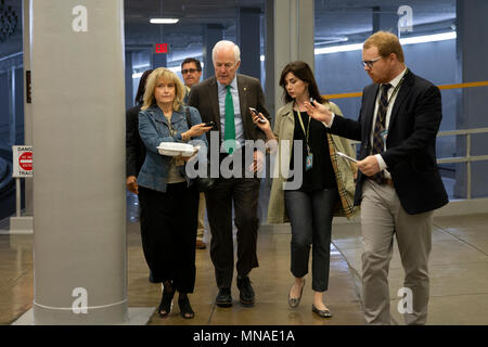 Washington, United States Of America. 15th May, 2018. Senator John Cornyn, Republican of Texas, speaks with reporters in the Senate Subway inside the United States Capitol Building in Washington, DC on May 15, 2018. Credit: Alex Edelman/CNP | usage worldwide Credit: dpa/Alamy Live News Stock Photo