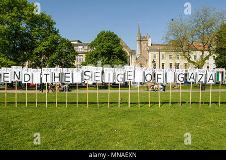 Bristol, UK. 15th May, 2018. An Art installation made up of seventy placards - one for every year since the start of the war was unveiled  outside City Hall ahead of a Pro-Palestinian protest march through Bristol. The Pro-Palestinian protest march was held to allow people to show their support and solidarity with the Palestinian people after 70 Years of Nakba and to protest about Israel's recent actions in Gaza. Credit: lynchpics/Alamy Live News Stock Photo