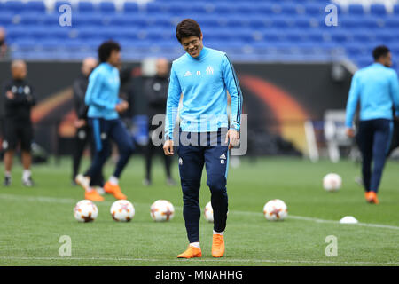 Groupama Stadium. 15th May, 2018. Lyon, France; Europa League Final training, Atletico Madrid versus Marseille; Olympique de Marseille train; Hiroki Sakai during a light hearted training session Credit: Action Plus Sports/Alamy Live News Stock Photo