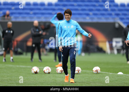 Groupama Stadium. 15th May, 2018. Lyon, France; Europa League Final training, Atletico Madrid versus Marseille; Olympique de Marseille train; Hiroki Sakai during a light hearted training session Credit: Action Plus Sports/Alamy Live News Stock Photo