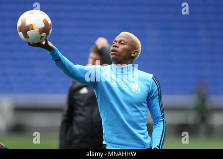 Groupama Stadium. 15th May, 2018. Lyon, France; Europa League Final training, Atletico Madrid versus Marseille; Olympique de Marseille train; Clinton Njie looks closely at the ball during practise Credit: Action Plus Sports/Alamy Live News Stock Photo