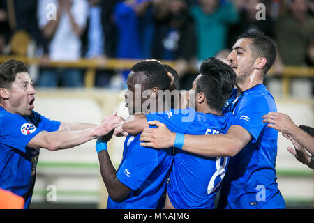 Tehran, Iran. 15th May, 2018. Players of Esteghlal FC celebrate their goal during the round 16 of AFC Asian Champions League football match between Iran's Esteghlal and Zobahan at Azadi Stadium in Tehran, Iran, May 15, 2018. Esteghlal won 3-1. Credit: Ahmad Halabisaz/Xinhua/Alamy Live News Stock Photo