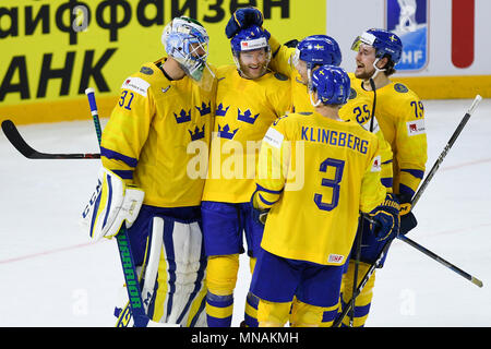 Kodan, Denmark. 15th May, 2018. Players of Swedish ice hockey national team celebrates 3rd goal during the Ice Hockey World Championships match Russia vs Sweden, in Copenhagen, Denmark, May 15, 2018. Credit: Ondrej Deml/CTK Photo/Alamy Live News Stock Photo