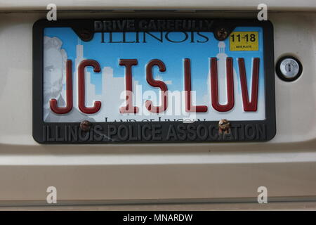 Personalized Illinois license plate that reads 'JC is luv'. Stock Photo