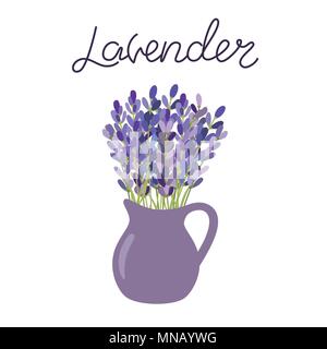Lavender flowers in a vase. Lettering lavender Stock Vector