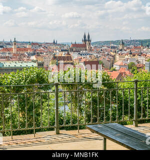 Prague as seen from Letna Beer Garden, Czech Republic. The twin spires of the Gothic  'Church of Our Lady before Tyn can be seen centre. Stock Photo