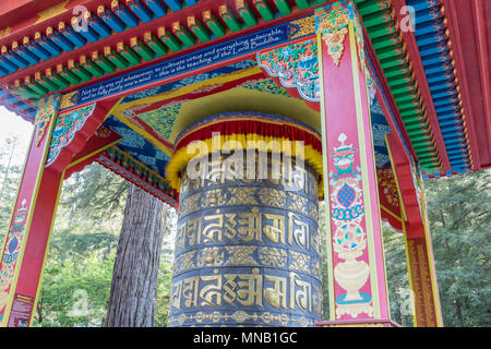 Mani Prayer Wheel in Land of Medicine Buddha Retreat Center. Soquel, Santa Cruz County, California, USA. Stock Photo