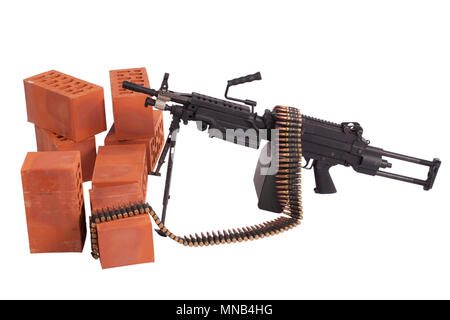 M249 machine gun on position isolated on white Stock Photo