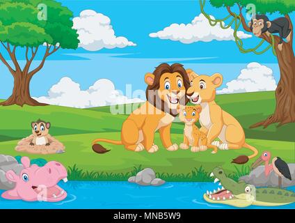 Cartoon lion family in the jungle Stock Vector