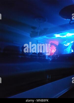 Scene of a punk gig taken via reflection in a hanging picture glass showing people watching performing band Stock Photo