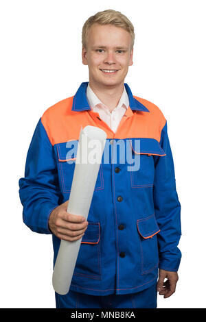 Successful young man in uniform with drawings isolated on white Stock Photo