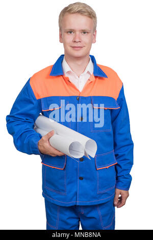 Successful young man in uniform with drawings isolated on white Stock Photo
