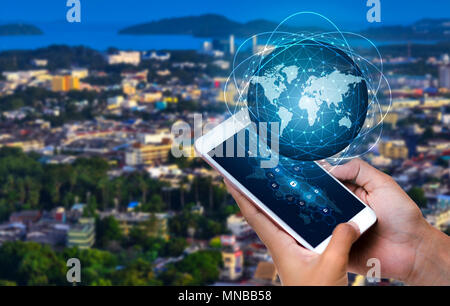 Smart Phones and Globe Connections Uncommon communication world Internet Businesspeople press the phone to communicate in the Internet. Space put mess Stock Photo
