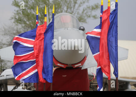 MIHAIL KOGALNICENU, ROMANIA - APRIL 27 Royal Air Force Eurofighter Typhoon fighter jet is presented to the press, at the Mihail Kogalniceanu military  Stock Photo