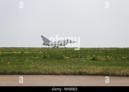 MIHAIL KOGALNICENU, ROMANIA - APRIL 27 Royal Air Force Eurofighter Typhoon fighter jet is presented to the press, at the Mihail Kogalniceanu base Stock Photo
