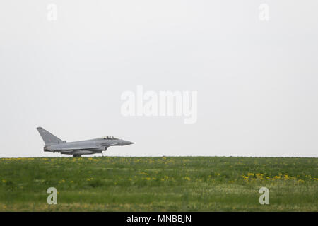 MIHAIL KOGALNICENU, ROMANIA - APRIL 27 Royal Air Force Eurofighter Typhoon fighter jet is presented to the press, at the Mihail Kogalniceanu base Stock Photo