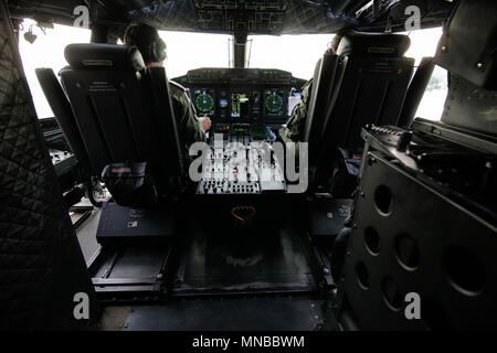 MIHAIL KOGALNICENU, ROMANIA - APRIL 27: Alenia C2-27J Spartan military aircraft pilots in cockpit,  Friday, April 27, 2018, in Mihail Kogalniceanu mil Stock Photo