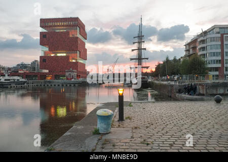 Illustration picture shows the MAS Museum and sailing boat in the area known as 'Eilandje' in Antwerp, Belgium. Stock Photo