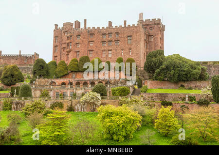 Powis Castle viewed from the south showing the distinctive terraced gardens, Welshpool, Powys, Gwynedd, Wales, United Kingdom. Stock Photo