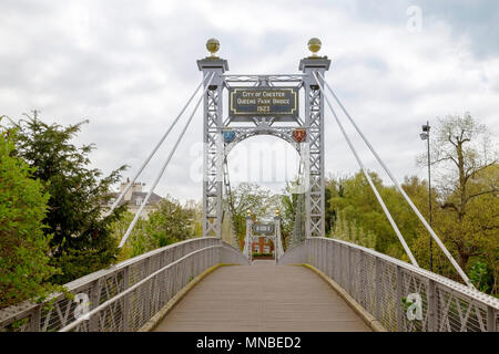 Queens Park Bridge, a suspension bridge across River Dee, Chester, The Groves, Cheshire, England, United Kingdom. Stock Photo