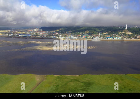 Panoramic view of the city of Khanty-Mansiysk,Siberia,Russia.In the foreground-green bank of the Irtysh river Stock Photo