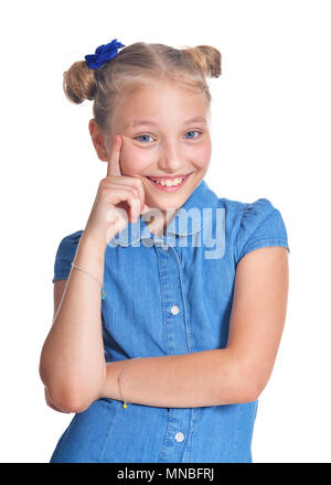 emotional little girl in blue shirt Stock Photo